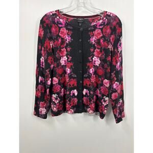 Talbots Floral Merino Wool Cardigan Sweater XLP XL Petite PXL Black Pink Red